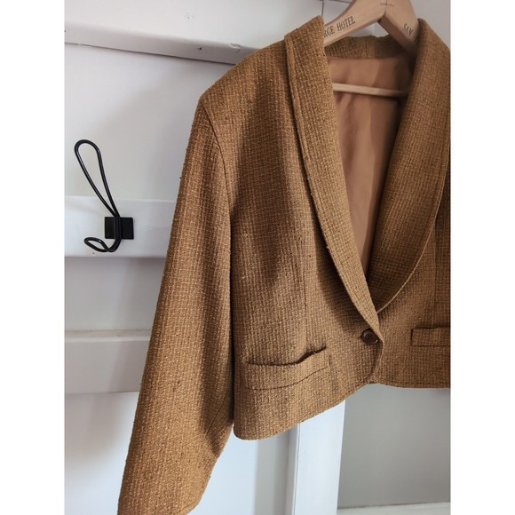 Vintage Doncaster 100% Silk Cropped Tweed One Button Blazer Jacket Sz 8 Tan Gold - Picture 4 of 10